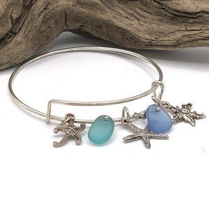 Adjustable Sea Glass and Starfish Silver Bracelet